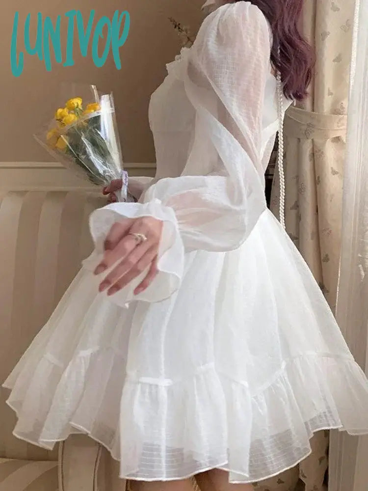 Lunivop Korean Style White Lolita Dress Women Prom Gown Y2K Fairycore Ruffles Bow Long Flare Sleeve