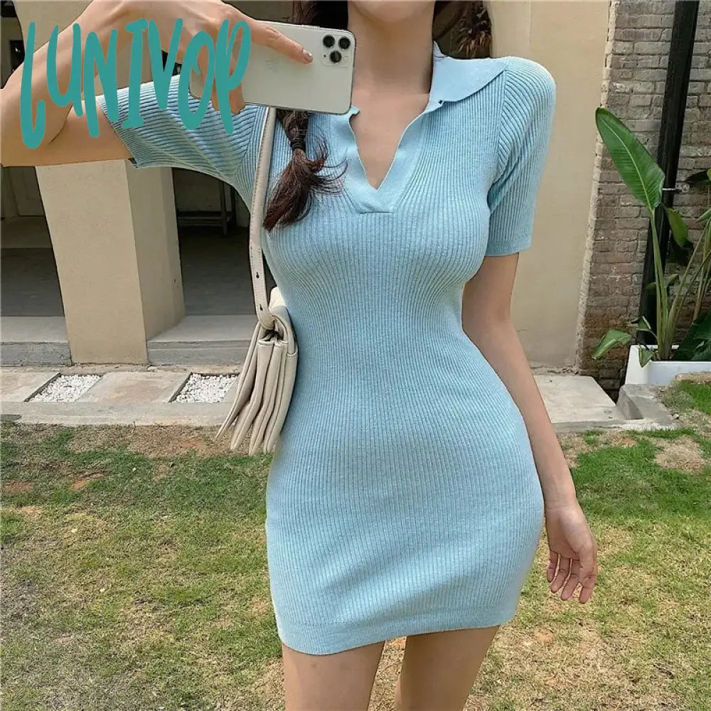 Lunivop Korean Summer Dress Women Casual Polo Collar Short Sleeve Mini Slim Sheath Knit Dresses