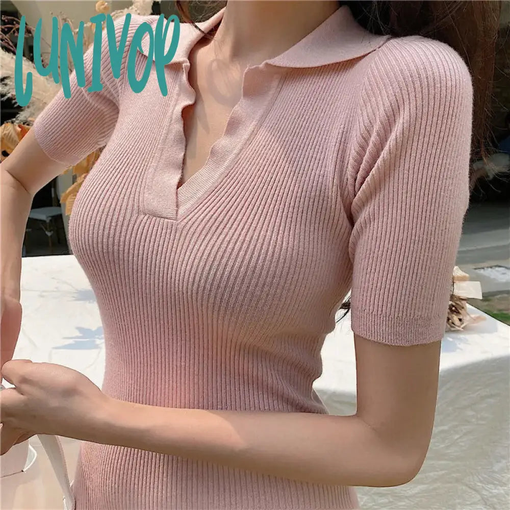 Lunivop Korean Summer Dress Women Casual Polo Collar Short Sleeve Mini Slim Sheath Knit Dresses