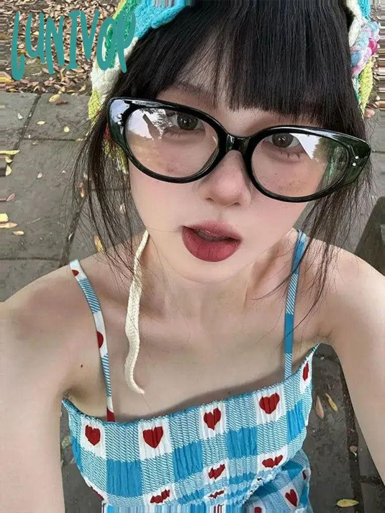 Lunivop Korean Sweet Heart Plaid Print Dress For Women Summer New Slim Fit Camisole Dresses Y2K