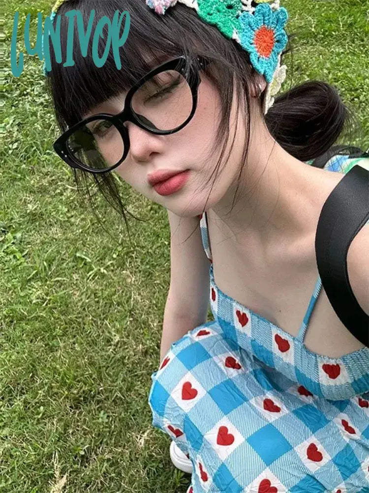 Lunivop Korean Sweet Heart Plaid Print Dress For Women Summer New Slim Fit Camisole Dresses Y2K