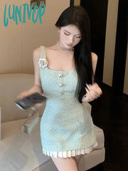 Lunivop Korean Sweet Small Fragrance Tweed Dresses For Women French Fashion 3D Flower Summer Dress