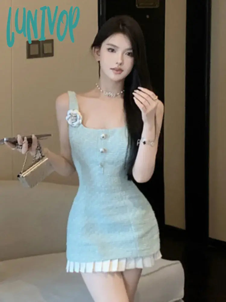 Lunivop Korean Sweet Small Fragrance Tweed Dresses For Women French Fashion 3D Flower Summer Dress