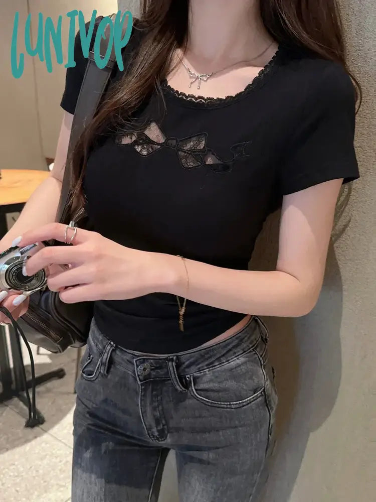 Lunivop Lace Crop T Shirts Women Sweet Girl White Bow Hollow Tees Aesthetic Korean Fashion Short