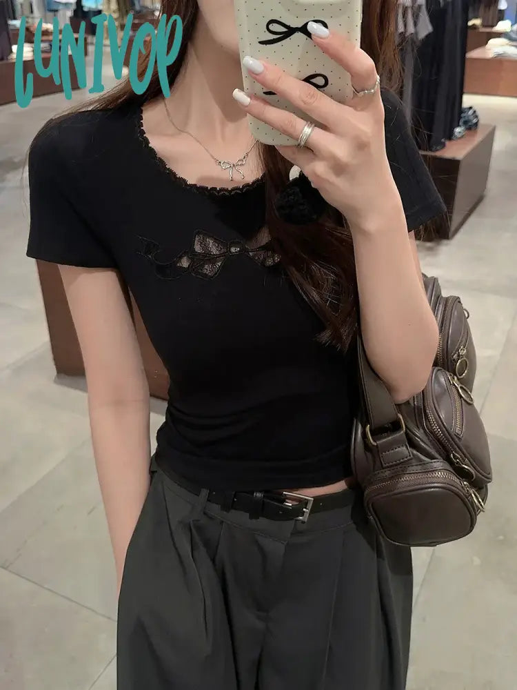 Lunivop Lace Crop T Shirts Women Sweet Girl White Bow Hollow Tees Aesthetic Korean Fashion Short