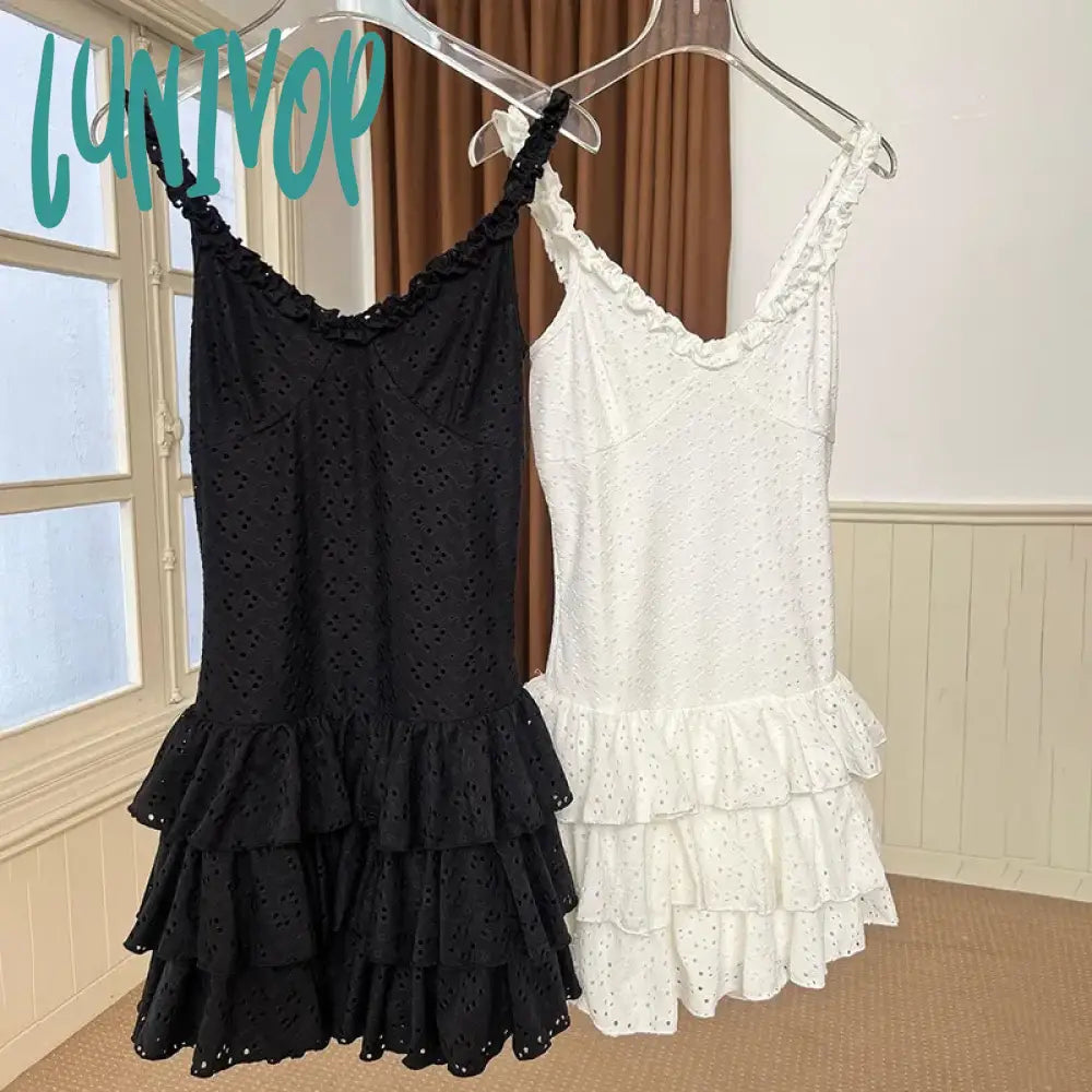 Lunivop Lace Hollow Out Frill Mini Dress For Women Slim Ruffled New Summer Spaghetti Strap V-Neck