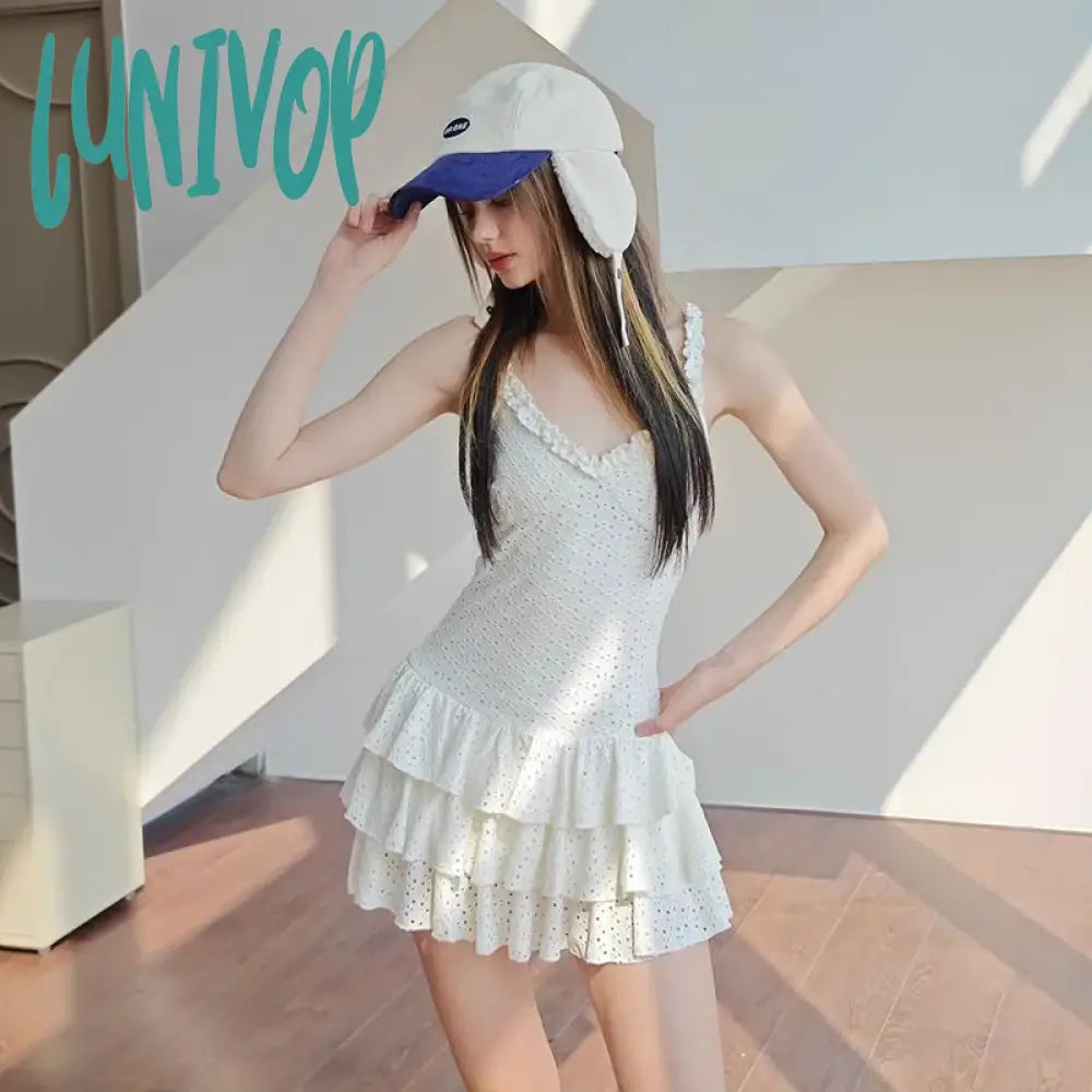 Lunivop Lace Hollow Out Frill Mini Dress For Women Slim Ruffled New Summer Spaghetti Strap V-Neck