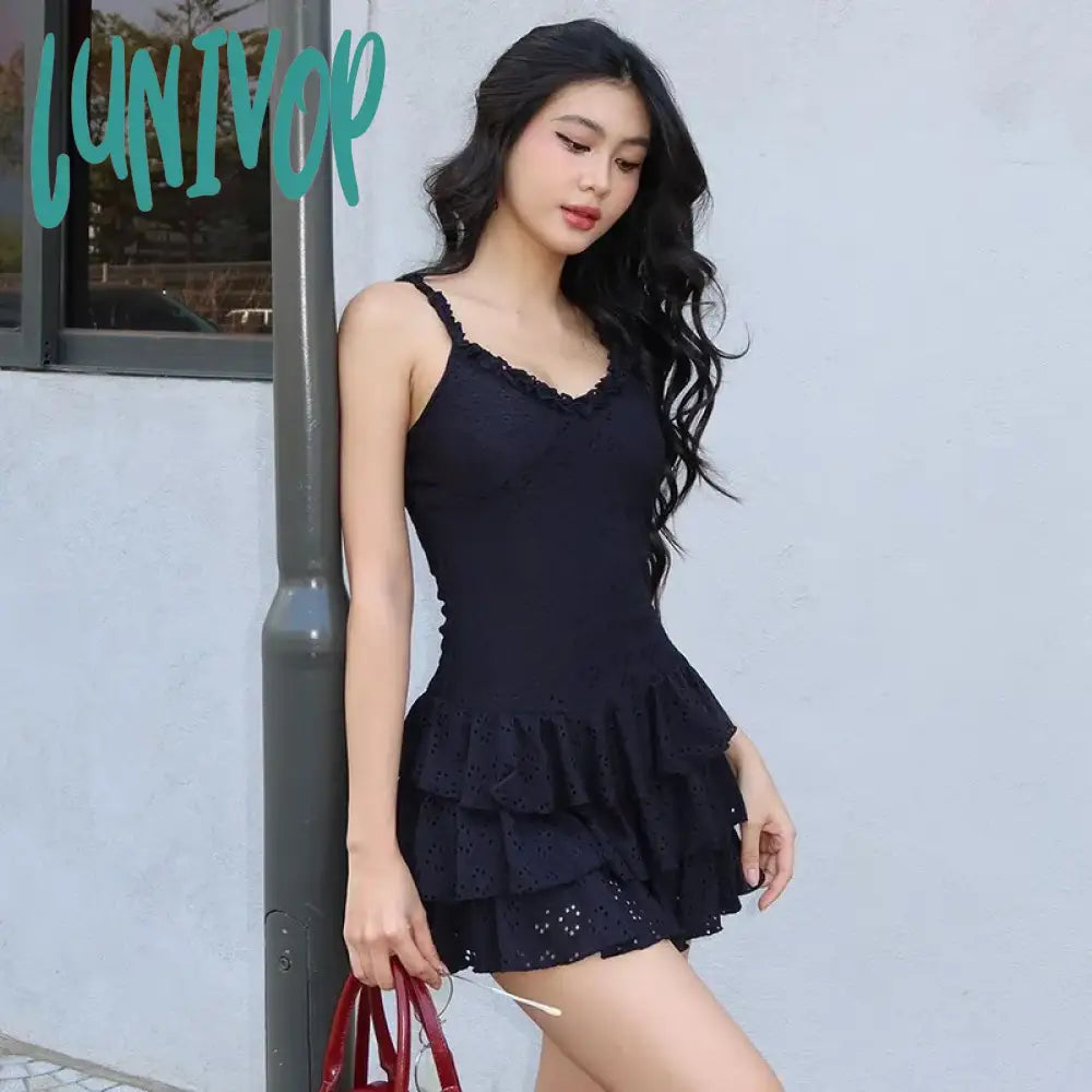 Lunivop Lace Hollow Out Frill Mini Dress For Women Slim Ruffled New Summer Spaghetti Strap V-Neck