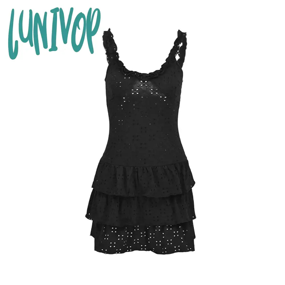 Lunivop Lace Hollow Out Frill Mini Dress For Women Slim Ruffled New Summer Spaghetti Strap V-Neck
