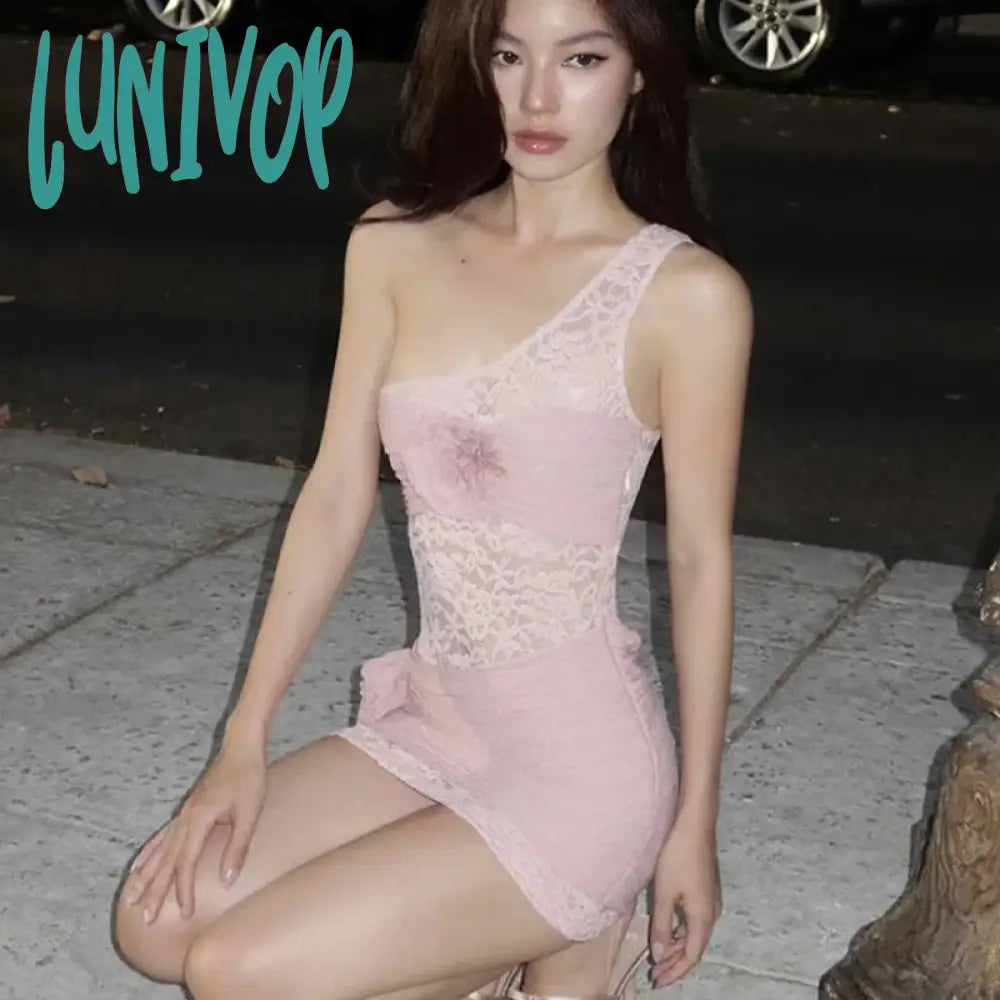 Lunivop Lace Hollow Out Single Shoulder Dress For Women Solid Color Fold 3D Flower Up Summer Party
