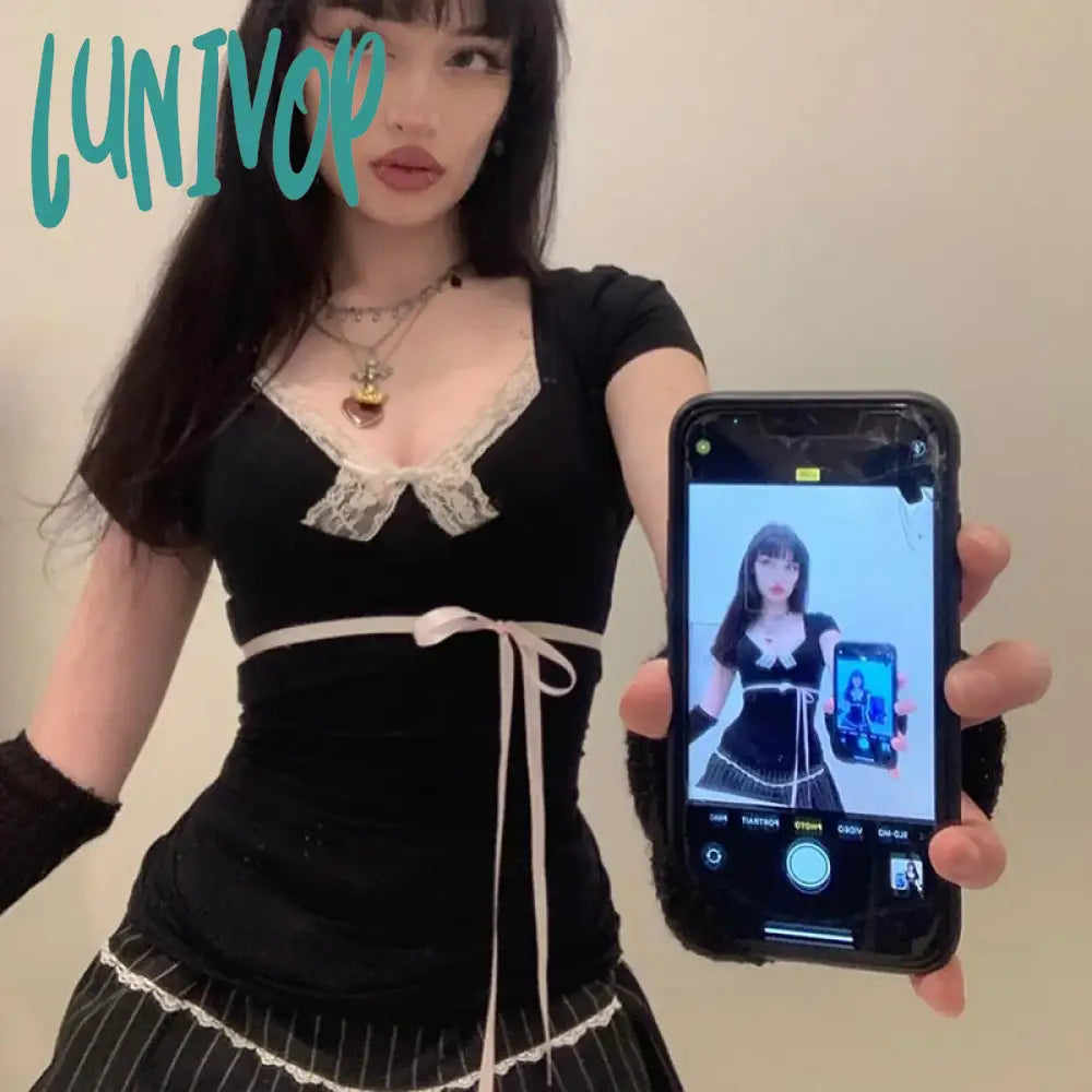 Lunivop Lace Patchwork Coquette T Shirts Women Contrast Color Kawaii Sweet Pink Slim-Fit Tops
