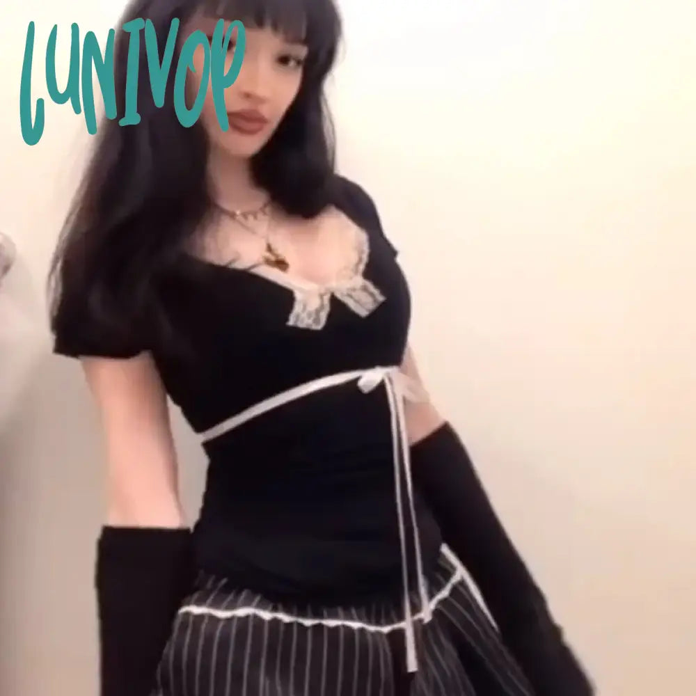 Lunivop Lace Patchwork Coquette T Shirts Women Contrast Color Kawaii Sweet Pink Slim-Fit Tops