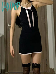 Lunivop Lace Splice Mini Dress For Women Bow Bandage Backless Black Bodycon Dresses Female Party