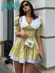 Lunivop Lace-Up Slim Floral Dress Women Elegant Luxury Lace Turn Collar Short Sleeve Folds Dresses