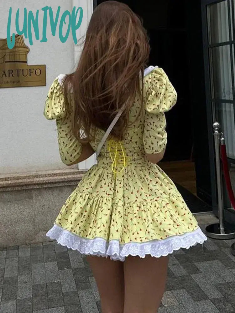 Lunivop Lace-Up Slim Floral Dress Women Elegant Luxury Lace Turn Collar Short Sleeve Folds Dresses