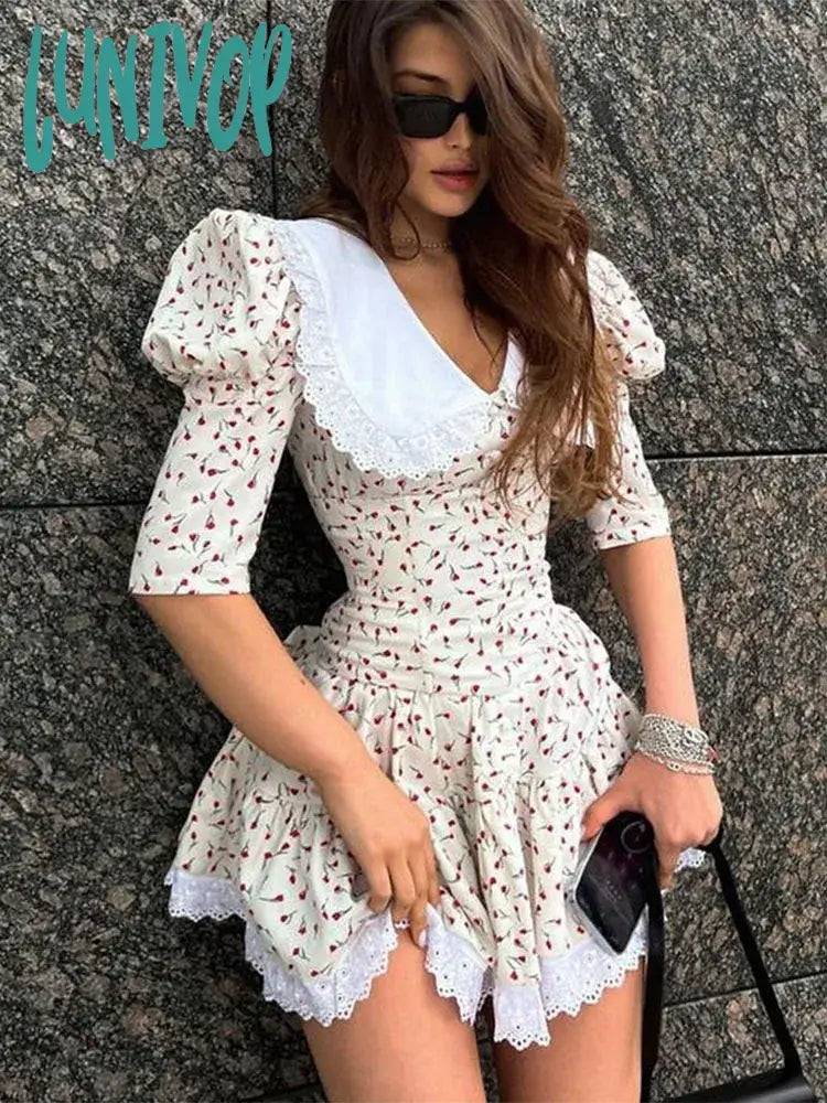 Lunivop Lace-Up Slim Floral Dress Women Elegant Luxury Lace Turn Collar Short Sleeve Folds Dresses