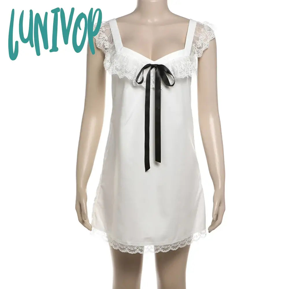 Lunivop Lace V-Neck Backless Bows Suspender Dress Women’s Loose Sleeveless Sexy Solid Vacation
