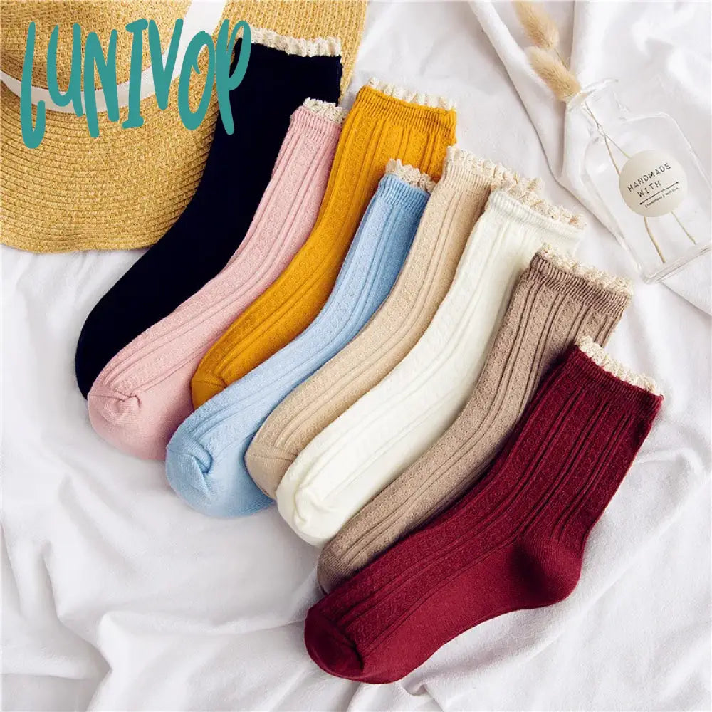 Lunivop Lacework Frilly Ruffle Socks Cotton Soft High Quality Lady Girl Kawaii Cute Solid Color
