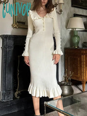 Lunivop Ladies High Waist Ruffled Maxi Dresses For Women Autumn Winter Knitted Slim Long Dress