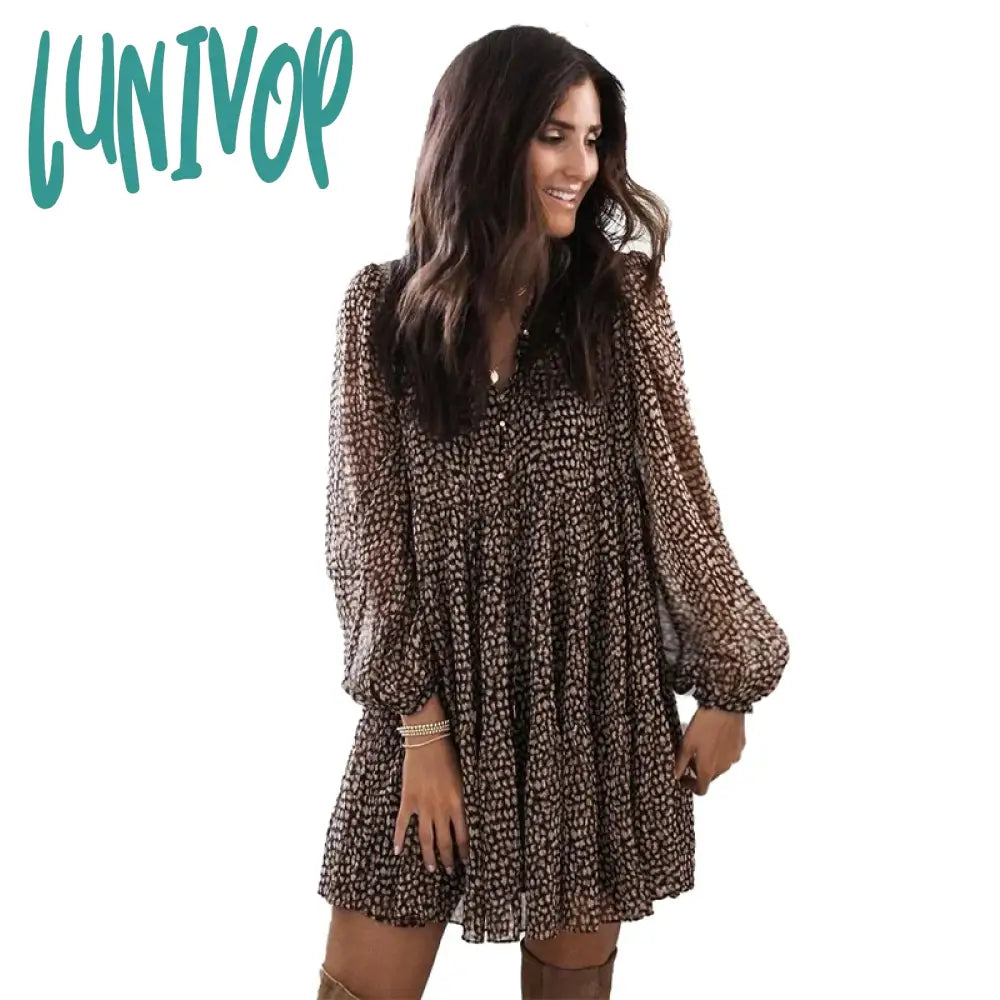 Lunivop Lantern Sleeve Dot Print Ruffles Women Dress Casual V-Neck Long Button Mini Ladies Elegant
