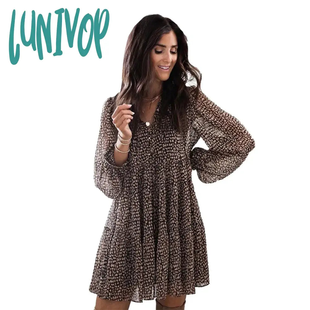 Lunivop Lantern Sleeve Dot Print Ruffles Women Dress Casual V-Neck Long Button Mini Ladies Elegant