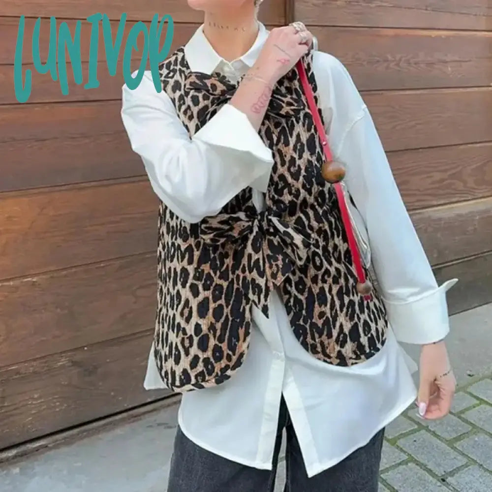 Lunivop Leopard Bow Women Vest Animal Print Coquette Y2K Fashion V-Neck Lace Up 2024 Summer Tops