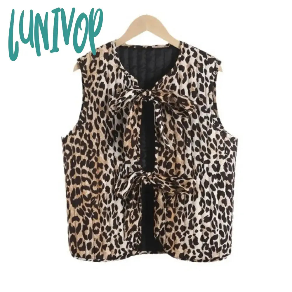 Lunivop Leopard Bow Women Vest Animal Print Coquette Y2K Fashion V-Neck Lace Up 2024 Summer Tops