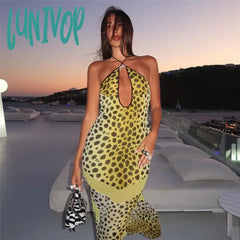 Lunivop Leopard Print Backless Fishtail Long Dresses For Women Beachwear 2024 Sexy Summer Party