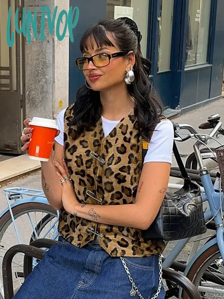 Lunivop Leopard Print Pin Vest For Women V-Neck Sleeveless Fashion Hot Girl Cardigan Top Female