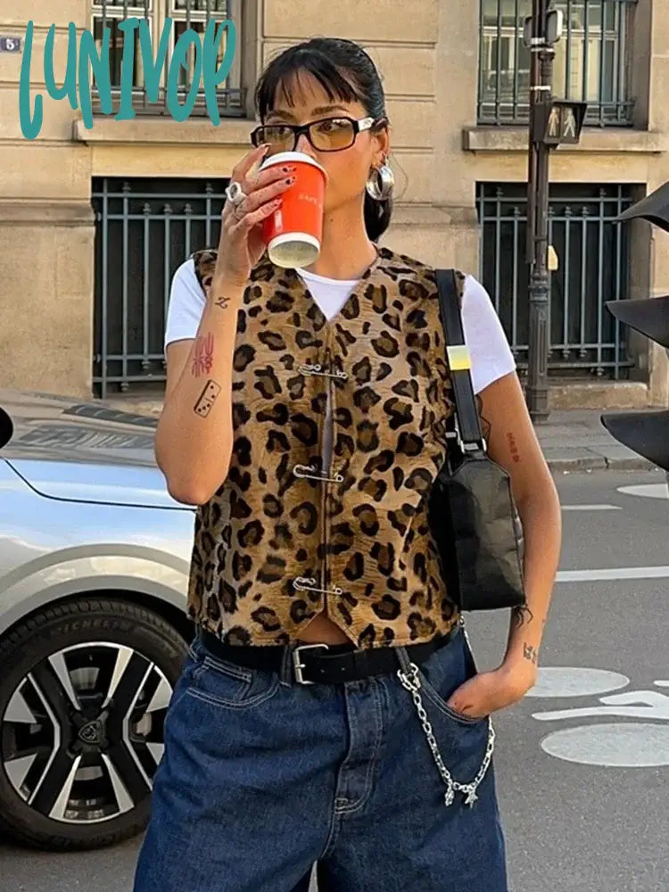 Lunivop Leopard Print Pin Vest For Women V-Neck Sleeveless Fashion Hot Girl Cardigan Top Female
