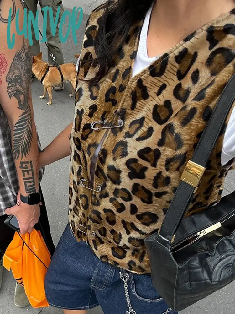 Lunivop Leopard Print Pin Vest For Women V-Neck Sleeveless Fashion Hot Girl Cardigan Top Female