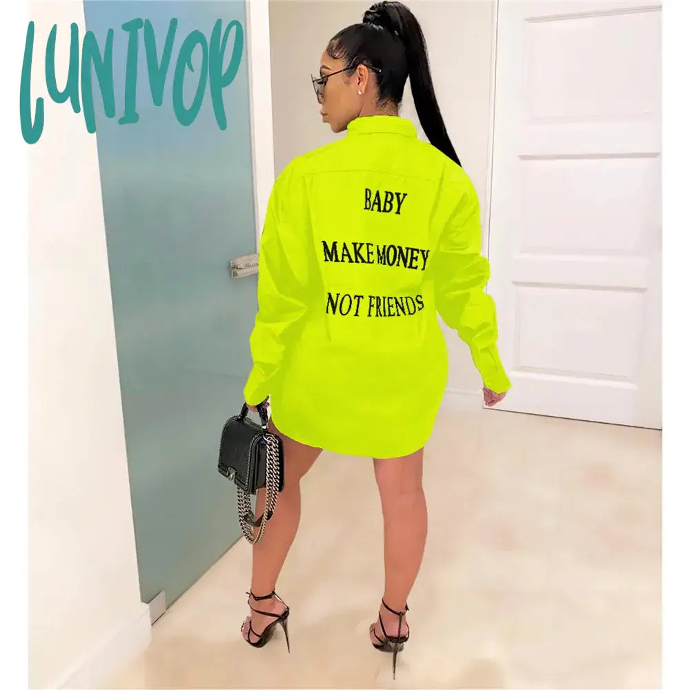 Lunivop Letter Print Turn-Down Collar Button Shirt Dress Women Fall Clothes Long Sleeve Mini Ladies