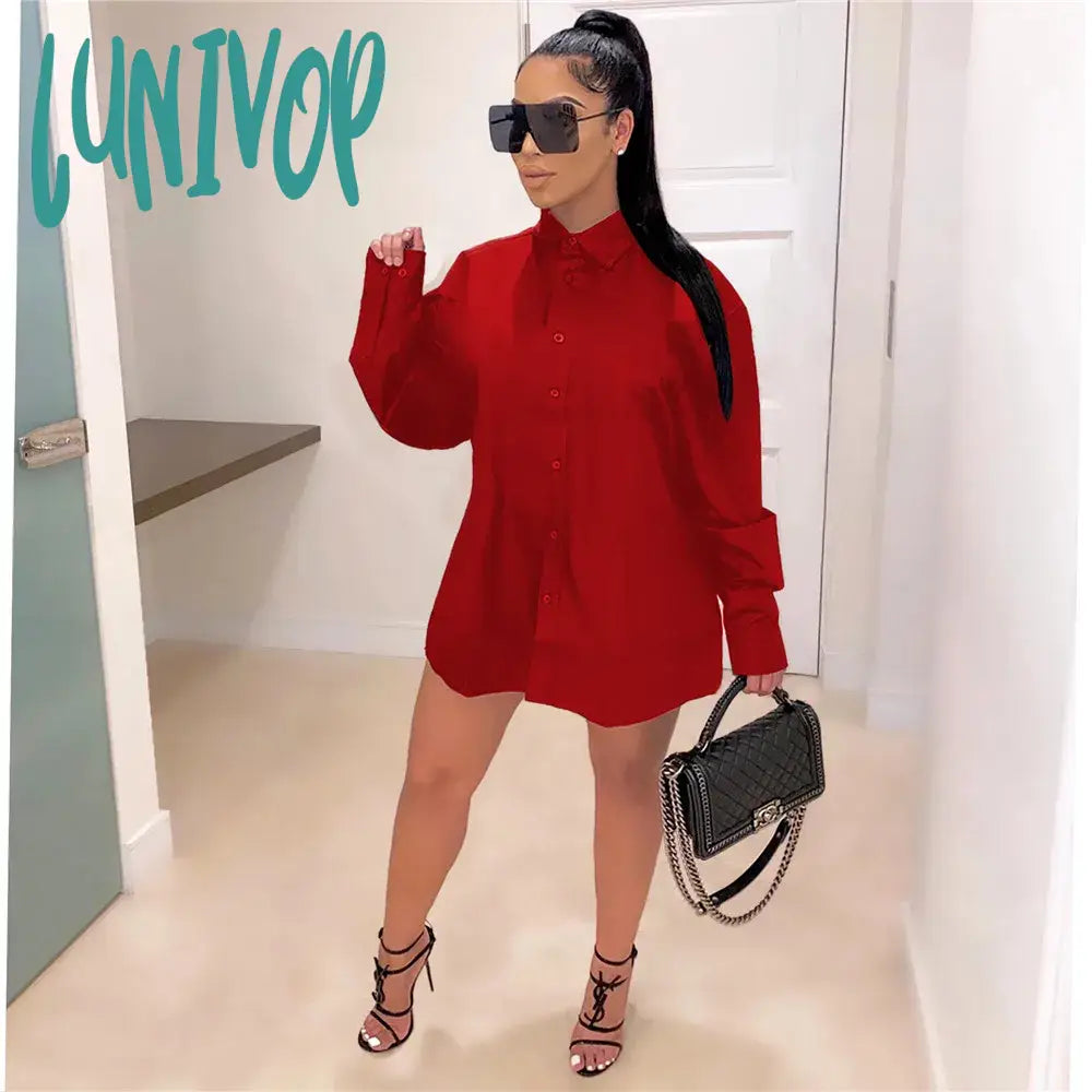 Lunivop Letter Print Turn-Down Collar Button Shirt Dress Women Fall Clothes Long Sleeve Mini Ladies