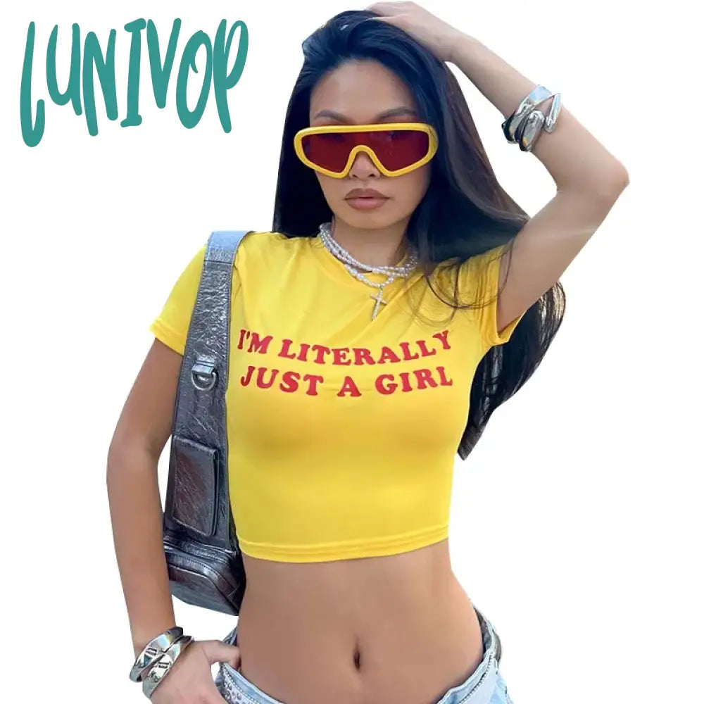 Lunivop Letter Print Yellow Tops For Woman Y2K Graphic Tee Street Fashion Short Sleeve Crop Top T