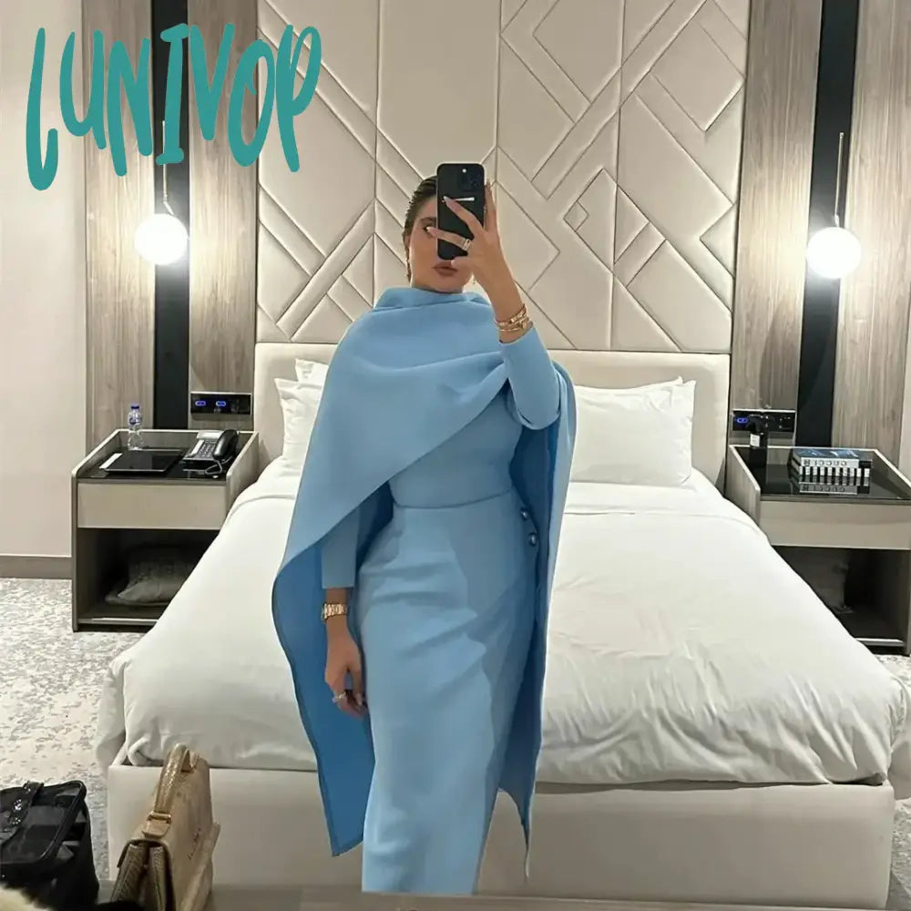 Lunivop Light Blue Sleeve Pleat Evening Dresses Sexy Mermaid Knee-Length Prom Gowns For Women