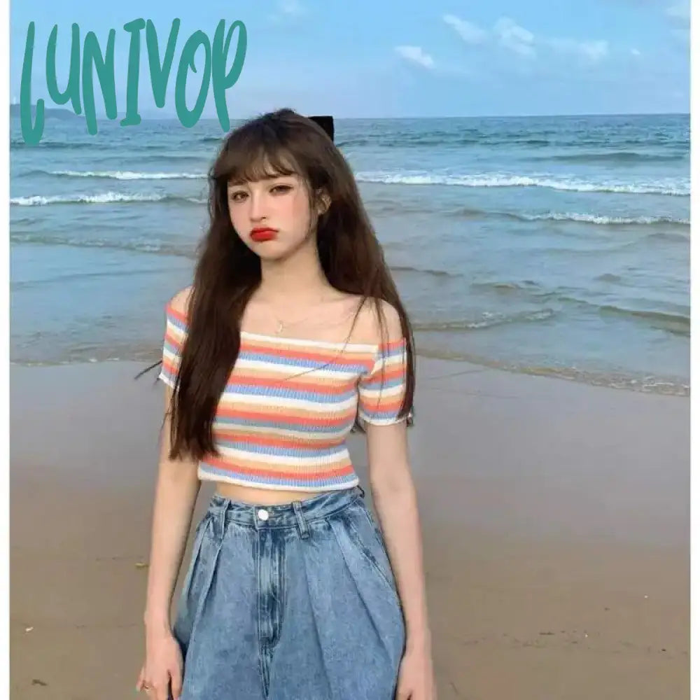 Lunivop Line-Neck Striped Knit Ice Silk Off-Shoulder Summer Slimming Women Short-Sleeved Outerwear