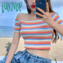 Lunivop Line-Neck Striped Knit Ice Silk Off-Shoulder Summer Slimming Women Short-Sleeved Outerwear