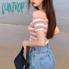 Lunivop Line-Neck Striped Knit Ice Silk Off-Shoulder Summer Slimming Women Short-Sleeved Outerwear