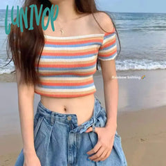 Lunivop Line-Neck Striped Knit Ice Silk Off-Shoulder Summer Slimming Women Short-Sleeved Outerwear