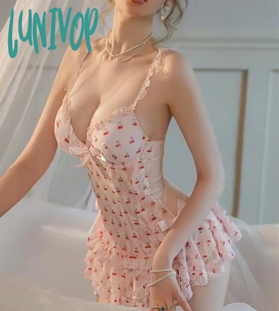 Lunivop Lingerie Sexy Pajamas Cute Cherry Nightdress Women See-Through Passion Set Slim Cake Halter