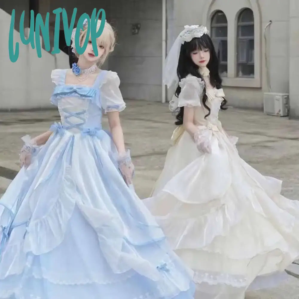 Lunivop Lolita Dress Women Summer Jsk Sweet Blue Beige Multilayer Birthday Party For Young Girls