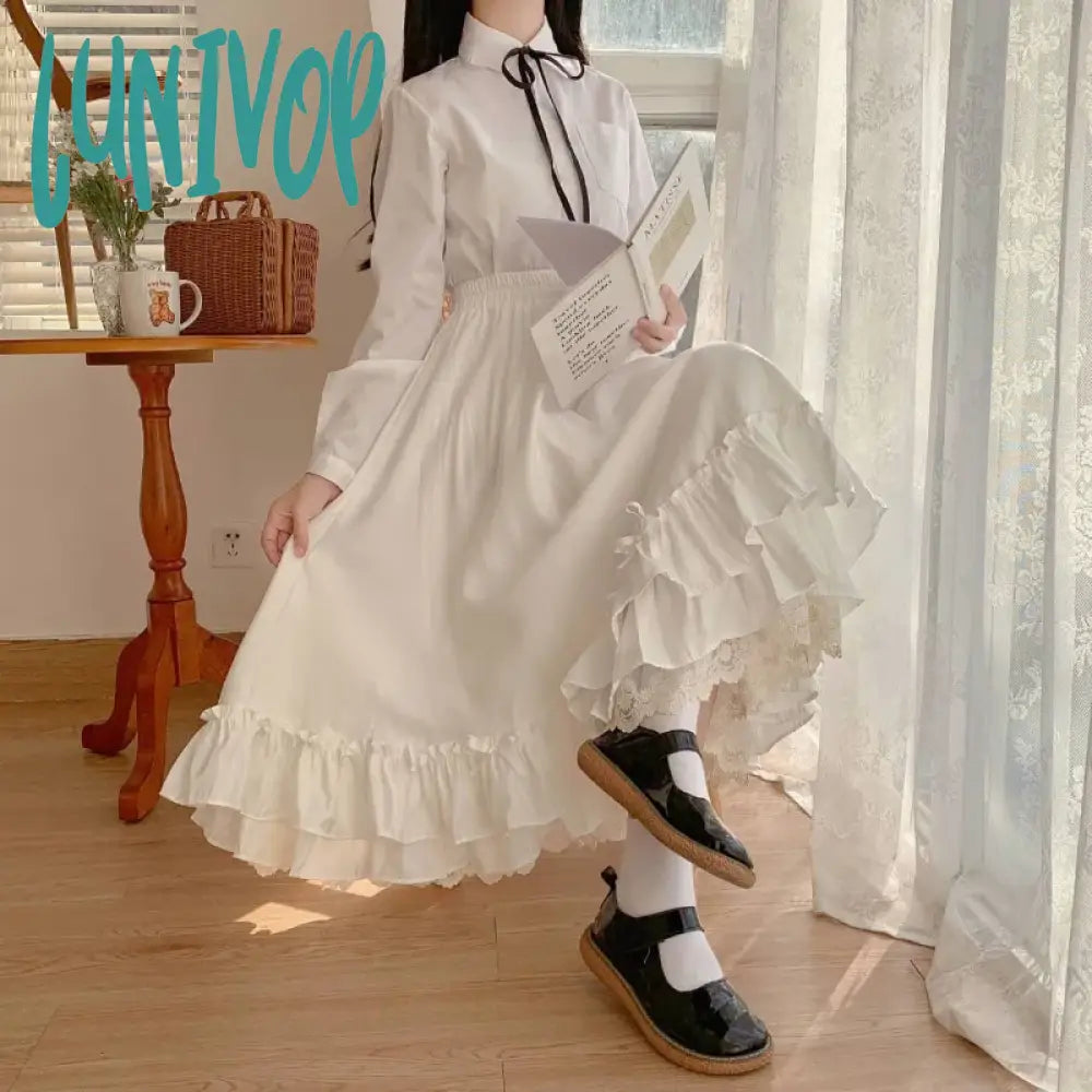 Lunivop Lolita Long Skirt Women Elastic Waist A-Line Japanese Fashion Lace Patchwork Fairy Ruffle