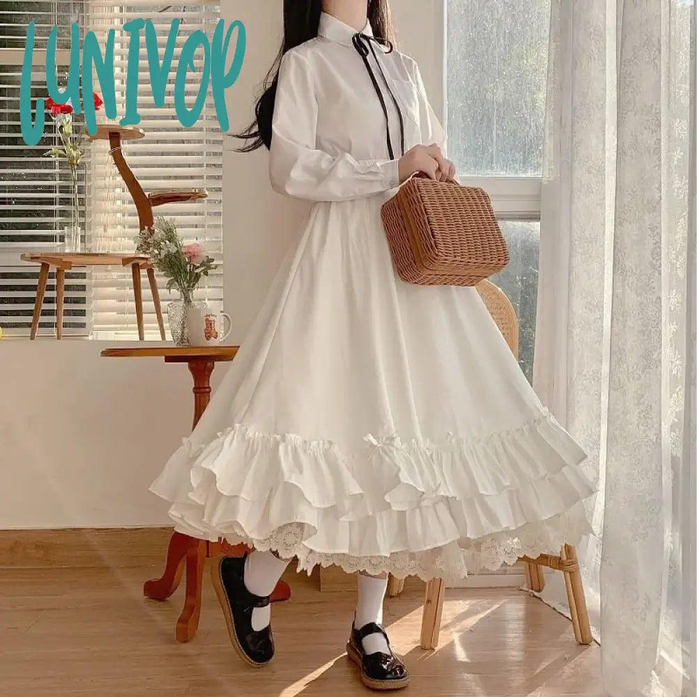 Lunivop Lolita Long Skirt Women Elastic Waist A-Line Japanese Fashion Lace Patchwork Fairy Ruffle