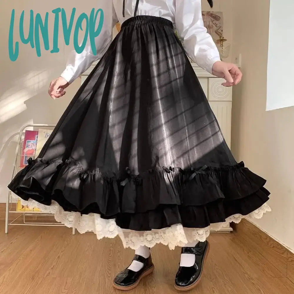 Lunivop Lolita Long Skirt Women Elastic Waist A-Line Japanese Fashion Lace Patchwork Fairy Ruffle