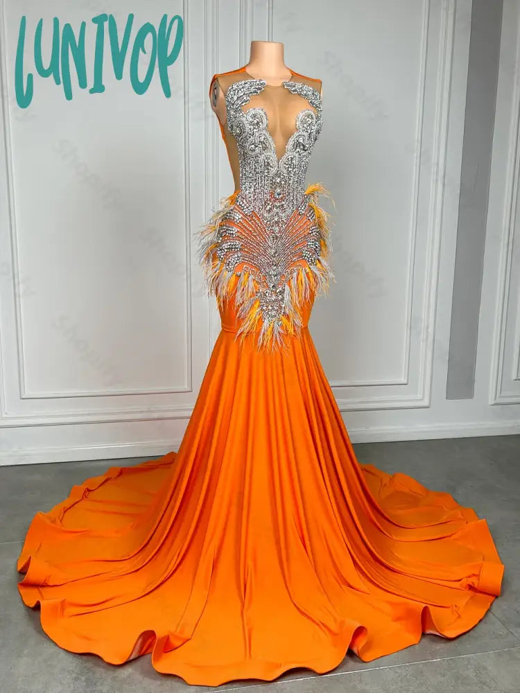 Lunivop Long Orange Fitted Mermaid Prom Dress 2024 Silver Beaded Rhinestone African Black Girls