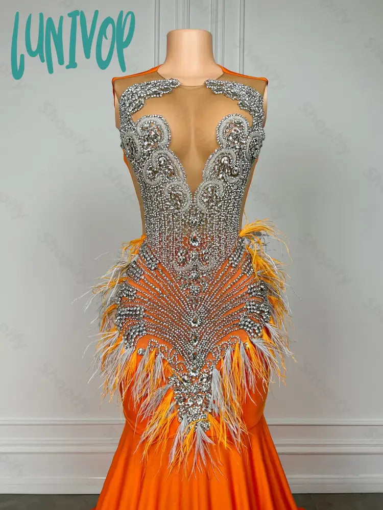 Lunivop Long Orange Fitted Mermaid Prom Dress 2024 Silver Beaded Rhinestone African Black Girls