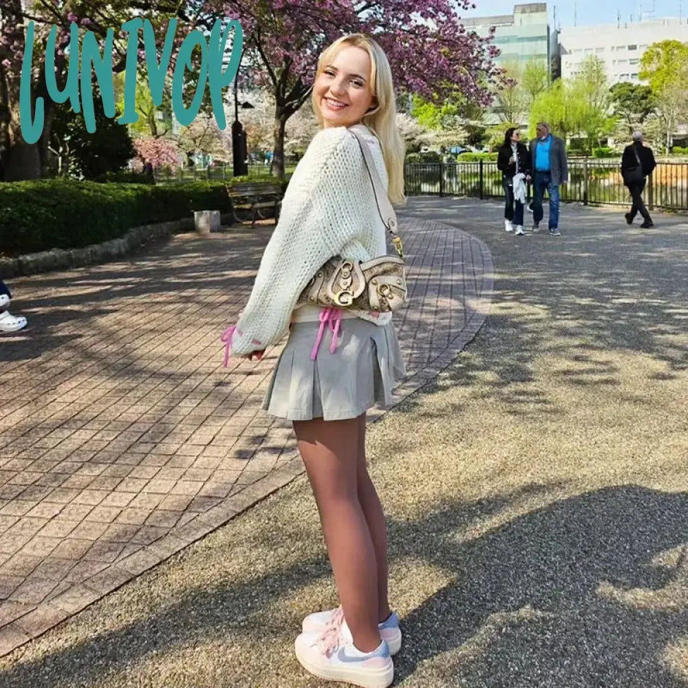 Lunivop Long Sleeve Loose Knitted Sweater For Women Contrast Color Drawstring Hollow Out Pullover
