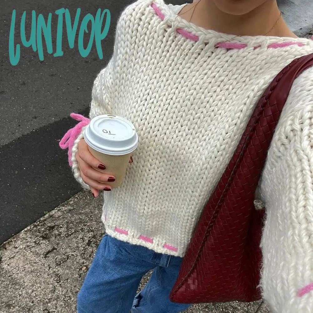 Lunivop Long Sleeve Loose Knitted Sweater For Women Contrast Color Drawstring Hollow Out Pullover