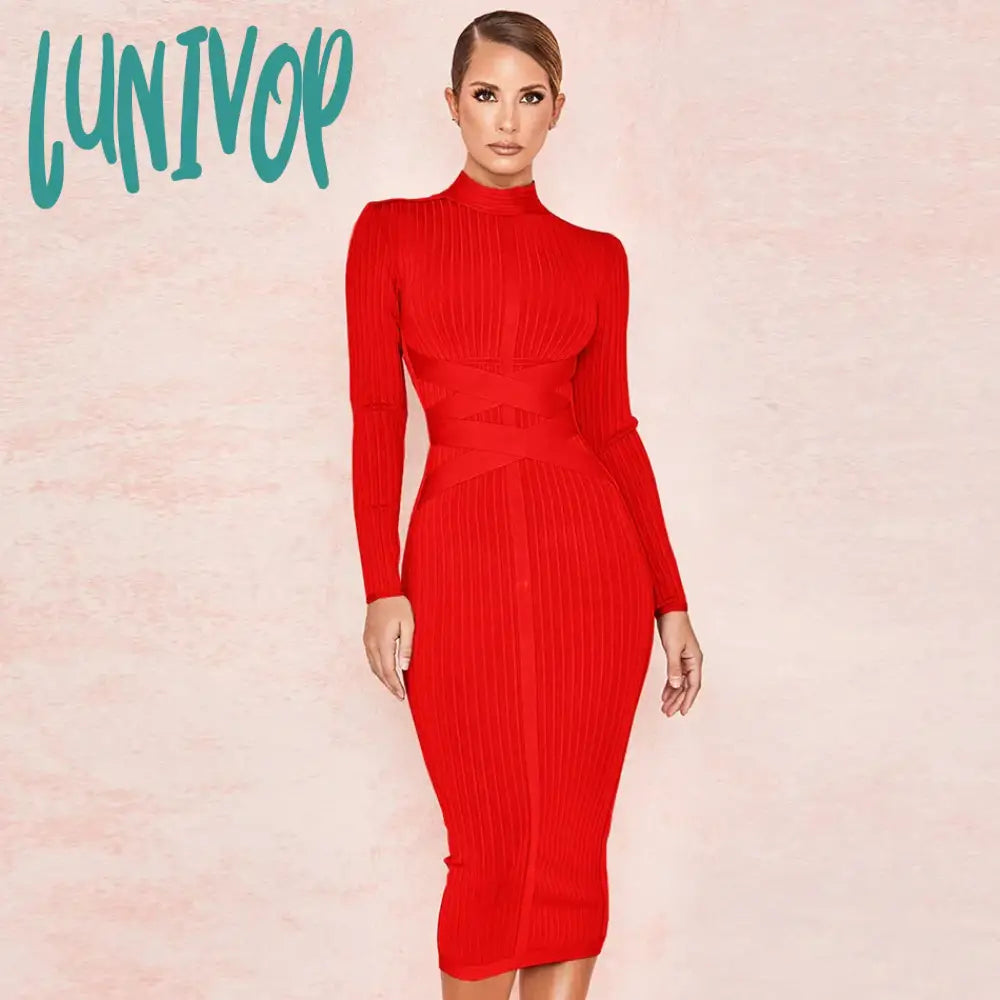 Lunivop Long Sleeve Midi Bandage Dress Knitted Vestido Feminino Elegante Vintage Streetwear Formal