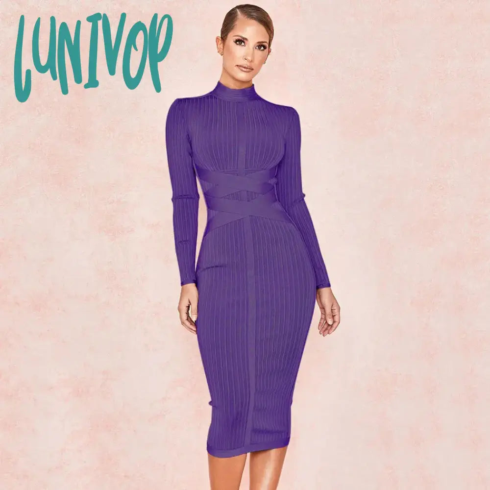 Lunivop Long Sleeve Midi Bandage Dress Knitted Vestido Feminino Elegante Vintage Streetwear Formal